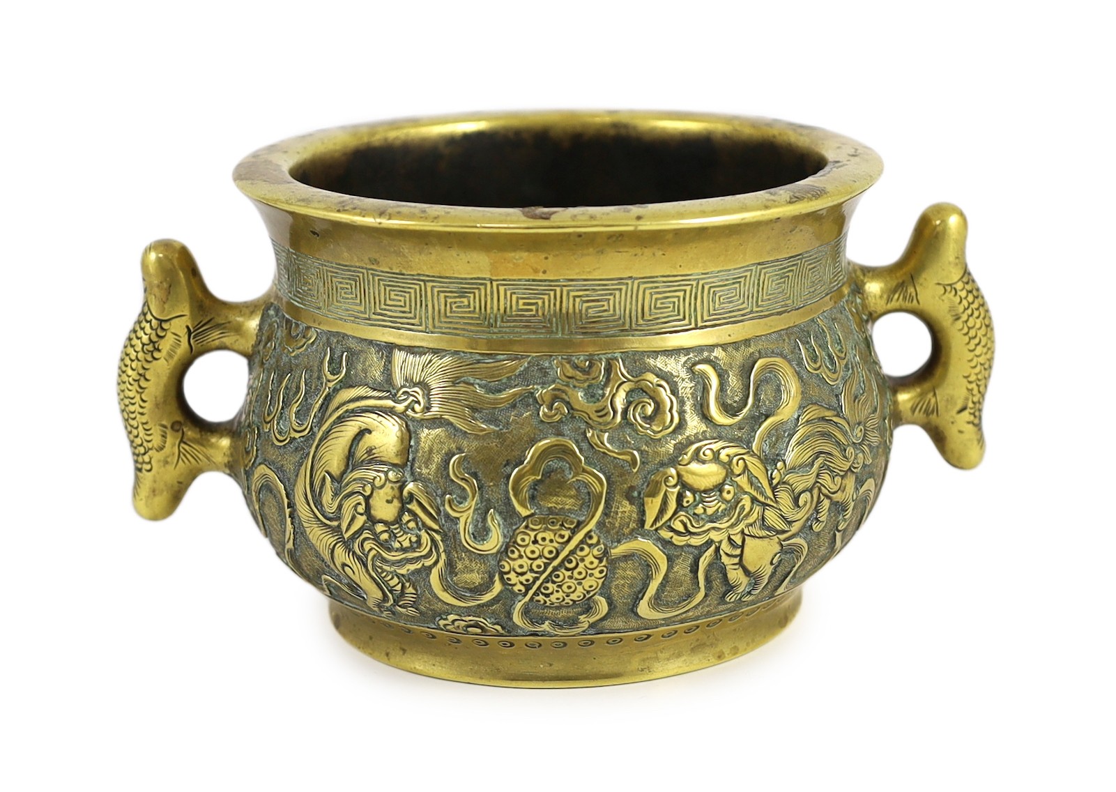 A Chinese polished bronze ‘Buddhist lion’ censer, gui, 19th century, 19.5cm wide, rim diameter 14cm